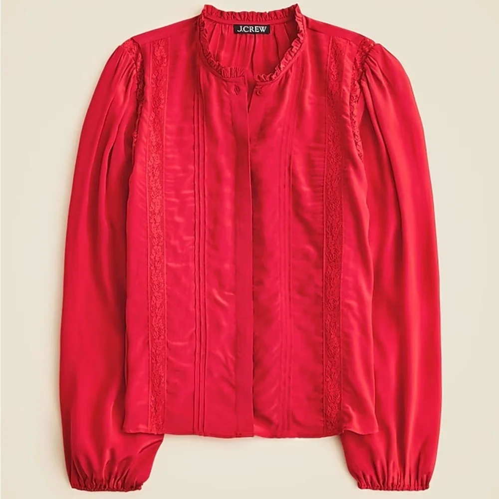 J crew vintage ruby Lace-trim pintuck top in crepe de chine